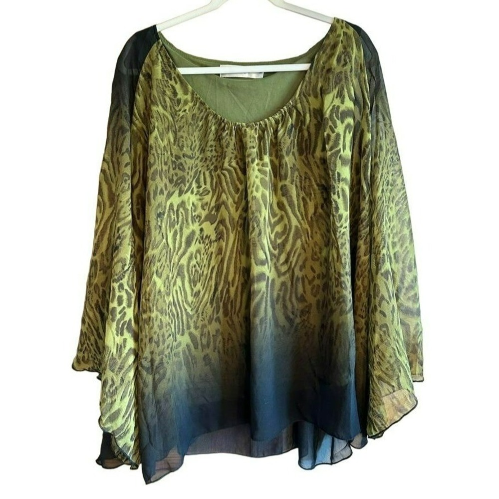 Urban Mangoz Poncho Blouse Green Animal Print Ombre Sheer Batwing Top Med Womens